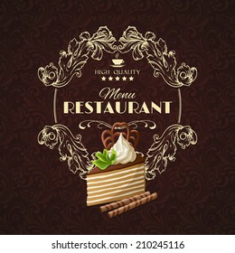 Decorative sweets dessert restaurant menu with layered chocolate cake vector illustration.