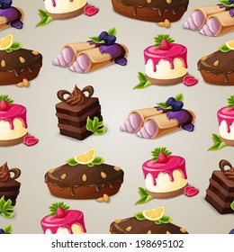 Decorative sweets dessert seamless pattern with layered cake crepes cream vector illustration