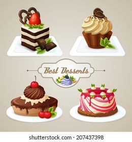 Decorative sweets desserts set with shortcrust sponge cake and pudding isolated vector illustration.