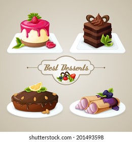 Decorative sweets food best dessert set of crepes cheesecake layered cake with syrup vector illustration