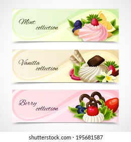 Decorative sweets food horizontal banners mint vanilla and berry collection vector illustration
