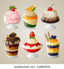 Decorative sweets food ice cream in glass desserts with sugar syrup fruits vector illustration