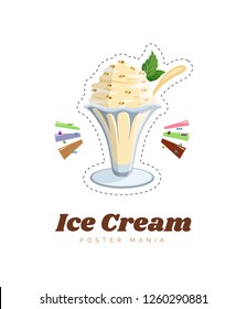 Decorative sweets ice cream and mousse in glass desserts with chocolate fruits and mint isolated vector illustration.