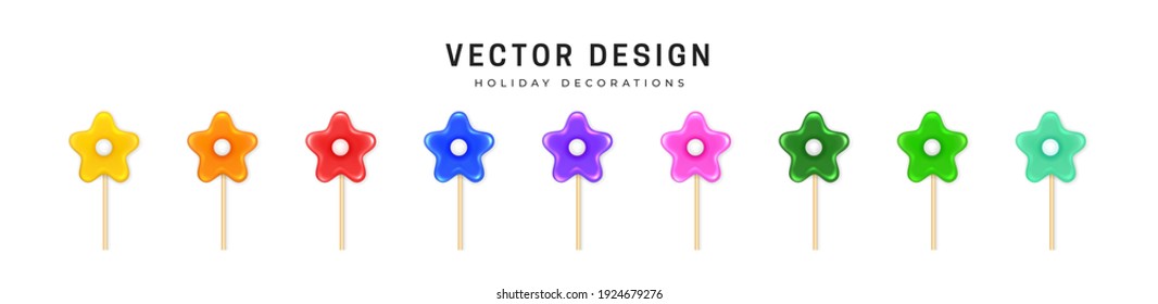 Decorative sweets lollipops flowers. Set of multicolored five-petal flowers with glossy glitter on a stick. Isolated on white background. Design elements for festive decoration. Vector illustration
