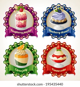 Decorative sweets ribbon banners set with raspberry parfait blueberry dessert isolated vector illustration