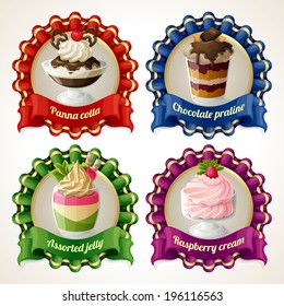 Decorative sweets ribbon banners set with panna cotta chocolate praline isolated vector illustration