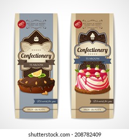 Decorative sweets vertical retro banners collection with chocolate cake and pudding isolated vector illustration