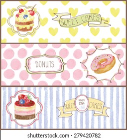 Decorative sweetshop confectionary Watercolor tags labels set with traditional cupcakes design horizontal banners .Vintage abstract vector illustration, isolated.Hand painted .For cafe,holiday 