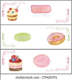 Decorative sweetshop confectionary Watercolor tags labels set with traditional cakes,donuts design horizontal banners .Vintage abstract vector illustration, isolated.Hand painted .For cafe,holiday 