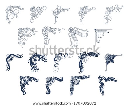 Decorative swirl corner set. Elegant border design elements. Linear icons for wedding or greeting banner. Symbol collection. Isolated vector illustration