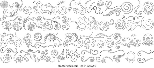 Decorative swirl, spiral, floral, filigree, vintage, ornate, curvy vector set. Hand drawn doodle elements for border, divider, pattern, tattoo, calligraphy, engraving, baroque, retro, Victorian design