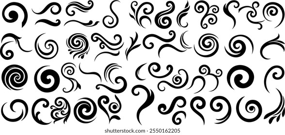 Espiral decorativo e conjunto de silhueta de vetor espiral, espiral perfeito para design gráfico. Formas elegantes adicionam um toque elegante a convites, logotipos, tatuagens e projetos de arte