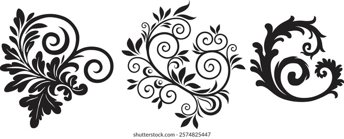  Decorative swirl and spiral vector silhouette set, perfect swirl for graphic design. Elegant shapes add a stylish touch to invitations, logos, tattoos, and art projects 