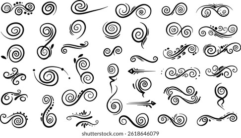 Decorative swirl and spiral vector silhouette set, perfect swirl for graphic design.
