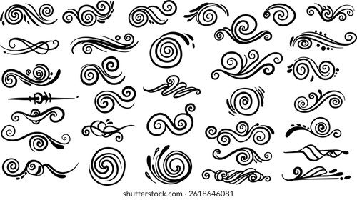 Decorative swirl and spiral vector silhouette set, perfect swirl for graphic design.
