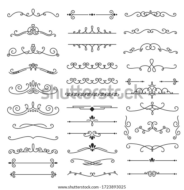 装飾的な渦巻き 結婚式の招待状 グリーティングカード 証明書デザイン用のベクター書画のコレクション レトロなクラシックスタイルの線 境界 渦巻き 区切り線 のベクター画像素材 ロイヤリティフリー