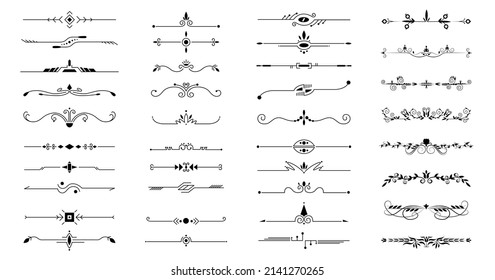 Decorative swirls divider. Floral ornament border, vintage hand drawn decorations and flourish sketch calligraphic divider vector set. Calligraphic ornamental element set. Vector