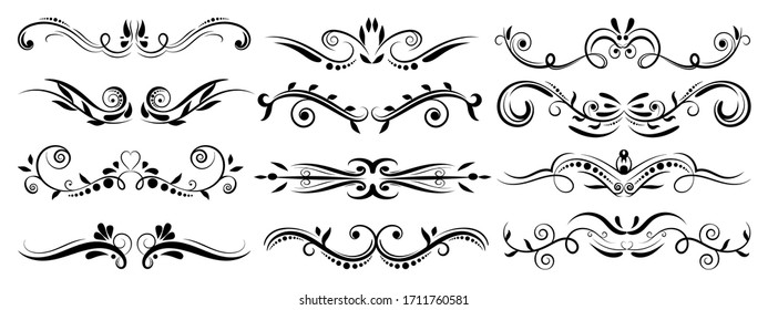 Decorative swirls dividers. Calligraphic swirl border ornaments and vintage divider, Victorian flourishes lines vector isolated icons set for wedding invitation and vintage logo.