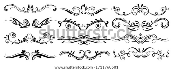 Decorative swirls\
dividers. Calligraphic swirl border ornaments and vintage divider,\
Victorian flourishes lines vector isolated icons set for wedding\
invitation and vintage\
logo.
