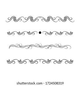 Decorative swirls dividers. Elegance line for frame, invitation. Delimiter old text, calligraphic swirl border ornaments and vintage divider Ornament curl, calligraphy victorian lines Vector icons set