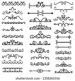 Decorative swirls dividers. Old text delimiter, calligraphic swirl border ornaments and vintage divider vector set 