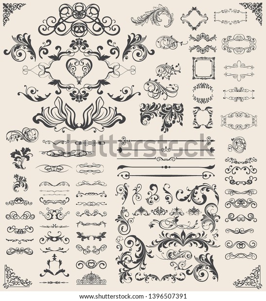 Decorative swirls or scrolls,\
vintage frames , flourishes, labels and dividers. Calligraphic\
design elements . Retro vector set illustration -\
Vector