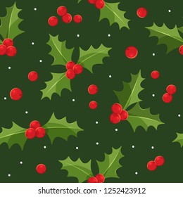 Decorative symbol of holiday - holly with red berries on a green background. Ornamental for Christmas fabrics and decor. Seamless pattern for winter, new year theme. Seasonal vector illustration.
