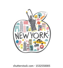 Decorative symbols of New York drawn by hand in pastel colors inscribed in the shape of an apple. Banner, greeting card, printing on souvenir production. Flat cartoon cute vector illustration