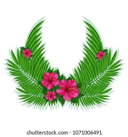 A decorative symmetric element made up of palm leaves and pink gibitskus. Element of a tropical frame, a pattern. Vector illustration.