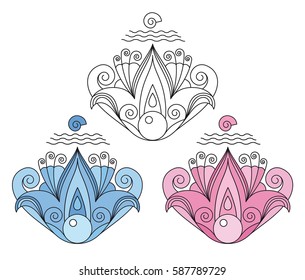 Decorative symmetrical abstract lotus flower with shell and pearl, curving petals. Linear color and black vector icon, isolated on background.