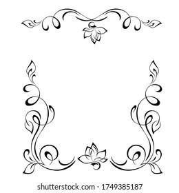 decorative symmetrical frame with a stylized flower, with leaves and vignettes in black lines on a white background