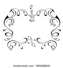decorative symmetrical frame with vignettes, leaves and street lamp in black lines on a white background