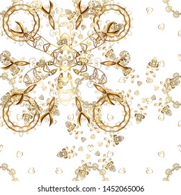Decorative symmetry arabesque. Gold on white and beige colors. Seamless medieval floral royal pattern. Good for greeting card for birthday, invitation or banner. Vector illustration.