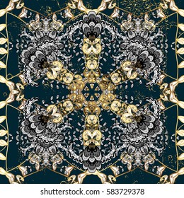 Decorative symmetry arabesque. Gold on blue background. Good for greeting card for birthday, invitation or banner. Vector illustration. Pattern medieval floral royal pattern.