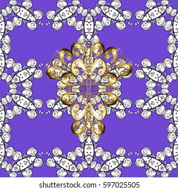 Decorative symmetry arabesque. Gold on violet background. Good for greeting card for birthday, invitation or banner. Vector illustration. Seamless pattern medieval floral royal pattern.
