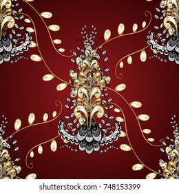 Decorative symmetry arabesque. Gold on red, brown and black colors. Vector illustration. Pattern medieval floral royal pattern. Good for greeting card for birthday, invitation or banner.