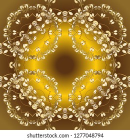 Decorative symmetry arabesque. Good for greeting card for birthday, invitation or banner. Gold on brown and yellow colors. Vector illustration. Seamless medieval floral royal pattern.