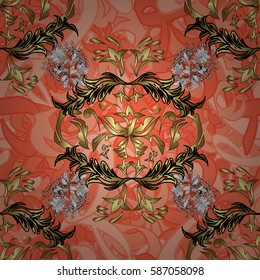 Decorative symmetry arabesque. Good for greeting card for birthday, invitation or banner. Seamless pattern medieval floral royal pattern. Vector illustration. Gold on background.