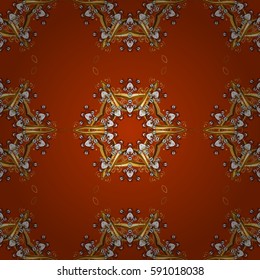 Decorative symmetry arabesque. Good for greeting card for birthday, invitation or banner. Seamless medieval floral royal pattern. Vector illustration. Gold on brown background.