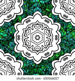 Decorative symmetry arabesque. Good for greeting card for birthday, invitation or banner. White on green background. Seamless medieval floral royal pattern. Vector illustration.