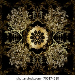 Decorative symmetry arabesque. Good for greeting card for birthday, invitation or banner. Gold on black background. Seamless medieval floral royal pattern. Vector illustration.