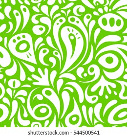 Decorative symmetry arabesque. Green and white seamless pattern good for greeting card for birthday, invitation or banner. Medieval floral royal pattern. Vector illustration.