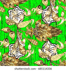 Decorative symmetry arabesque. Pattern medieval floral royal pattern. Vector illustration. Good for greeting card for birthday, invitation or banner. Gold on green background.