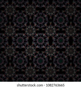 Decorative symmetry arabesque. Pink, blue and green seamless pattern on a black background. Good for greeting card for birthday, invitation or banner. Vector design. Medieval floral royal pattern.