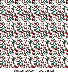 Decorative symmetry arabesque. Red, white and green seamless pattern good for greeting card for birthday, invitation or banner. Medieval floral royal pattern. Vector illustration.