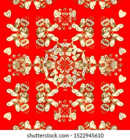 Decorative symmetry arabesque. Seamless medieval floral royal pattern. Gold on red and white colors. Good for greeting card for birthday, invitation or banner. Vector illustration.