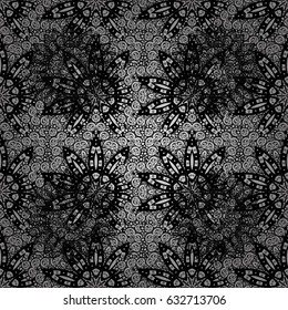 Decorative symmetry arabesque. Seamless medieval floral royal pattern. Dim on gray background. Vector illustration. Good for greeting card for birthday, invitation or banner.