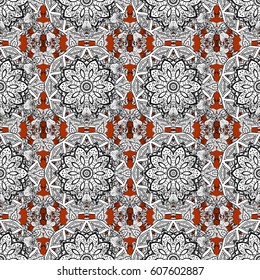 Decorative symmetry arabesque. Seamless pattern medieval floral royal pattern. White on brown background. Vector illustration. Good for greeting card for birthday, invitation or banner.