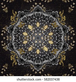 Decorative symmetry arabesque. Vector illustration. Gold on blue background. Good for greeting card for birthday, invitation or banner. Medieval floral royal pattern.