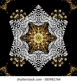 Decorative symmetry arabesque. Vector illustration. Good for greeting card for birthday, invitation or banner. Medieval floral royal pattern. Gold on black background.